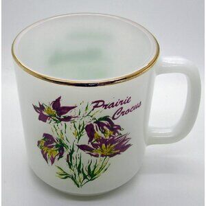 Glasbake Coffee Mug Prairie Crocus Manitoba Provincial Floral Emblem Gold Rim